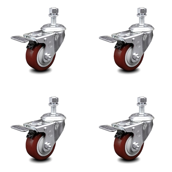 Service Caster 3 Inch Maroon Polyurethane Swivel 12mm Stem Caster Set with Total Lock Brake SCC-TSTTL20S314-PPUB-MRN-M1215-4 - main
